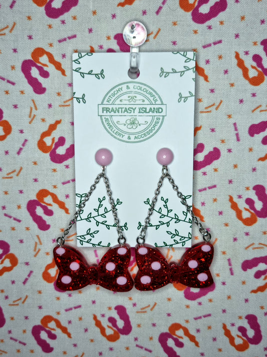 Red Glitter Polka Dot Bow Earrings