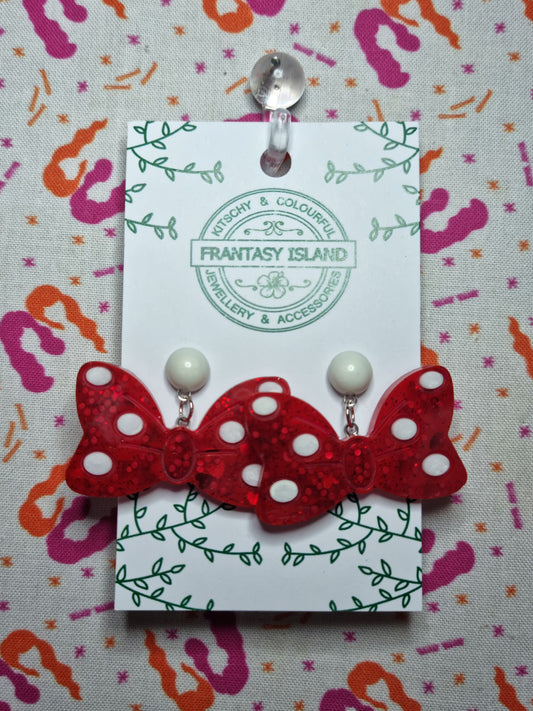 Red Glitter Polka Dot Bow Earrings