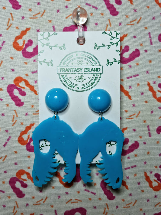 Blue T-Rex Skull Earrings