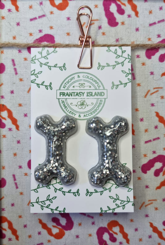 Silver Glitter Bone Studs