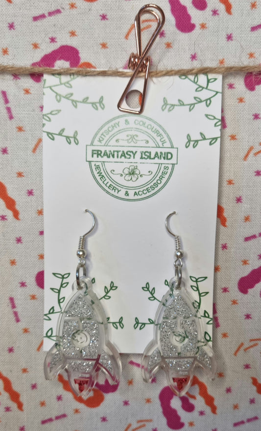 Silver Glitter Rocketship Earrings