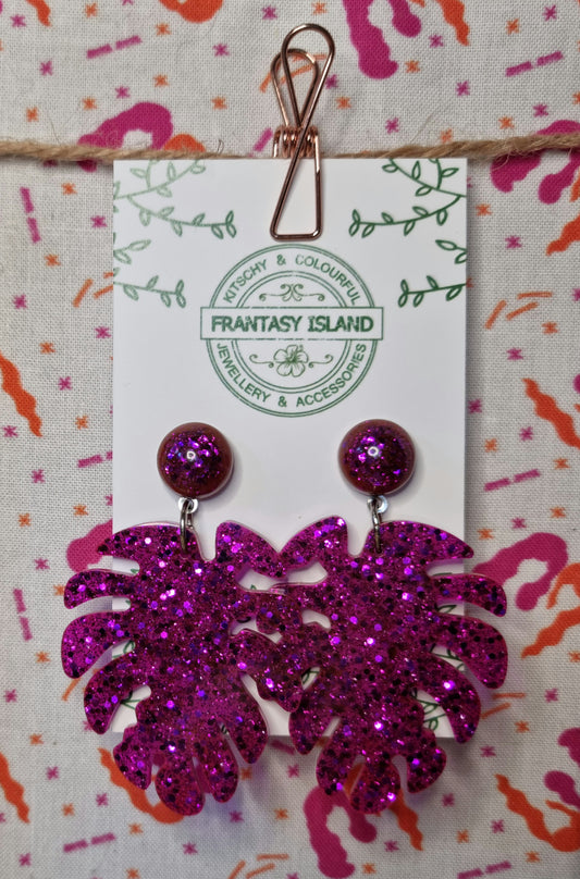 Magenta Glitter Monstera Leaves