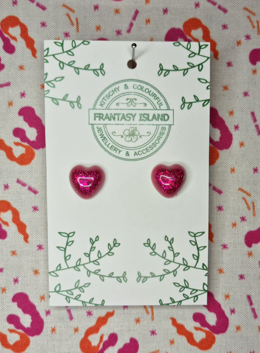 Cerise Glitter Heart Dome Studs