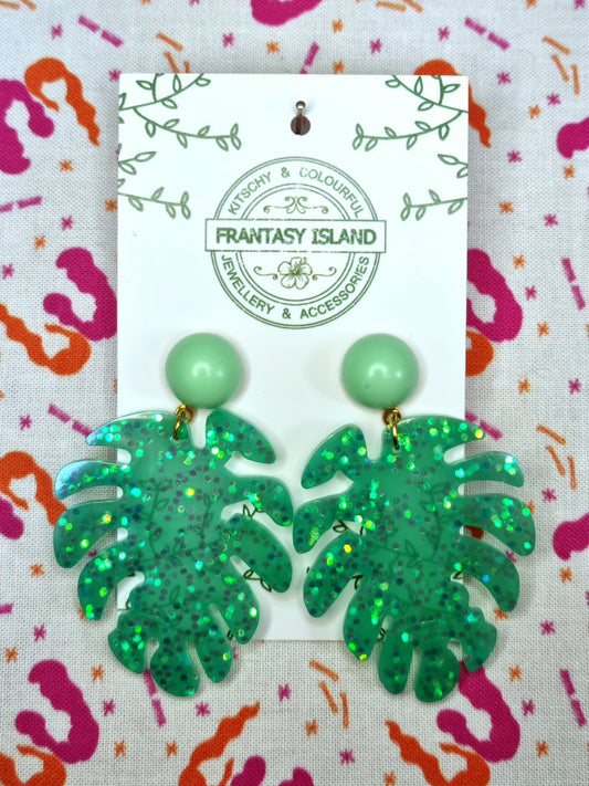 Teal Green Glitter Monstera Leaves