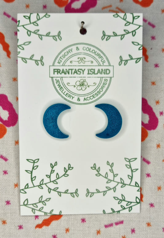 Deep Blue Teal Moon Studs