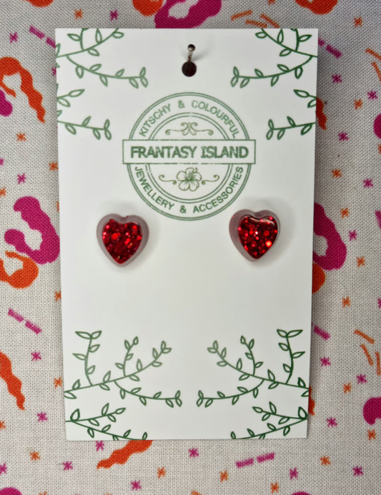 Red Glitter Heart Dome Studs