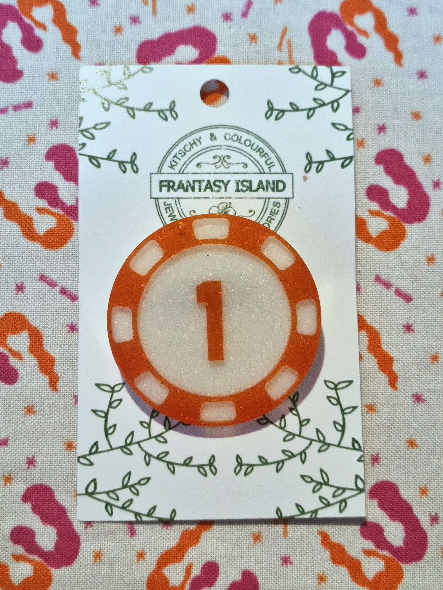 Red & White Glitter Poker Chip Brooch