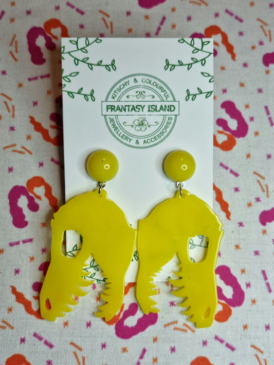 Yellow T-Rex Skull Earrings