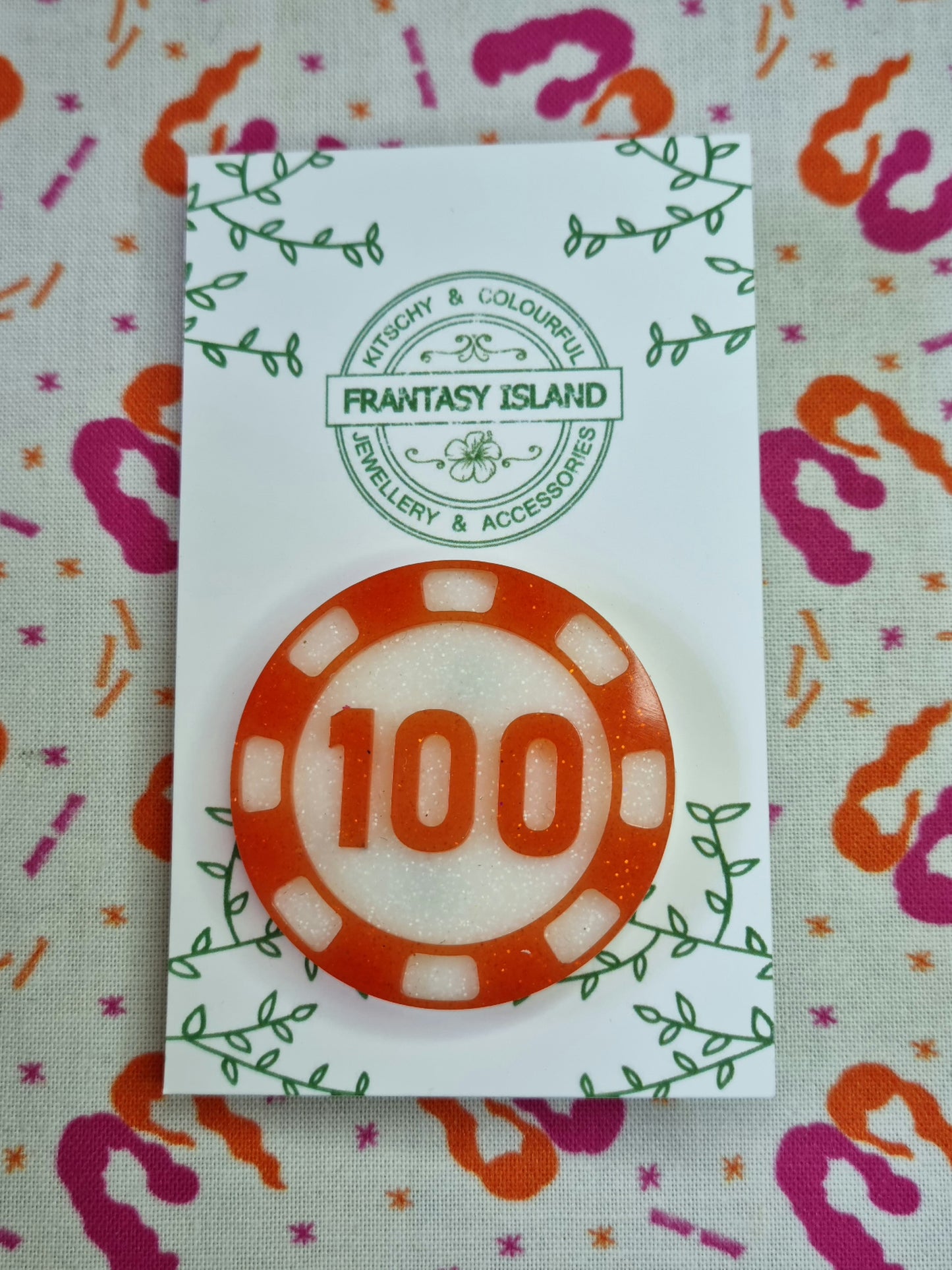 Red & White Glitter Poker Chip Brooch