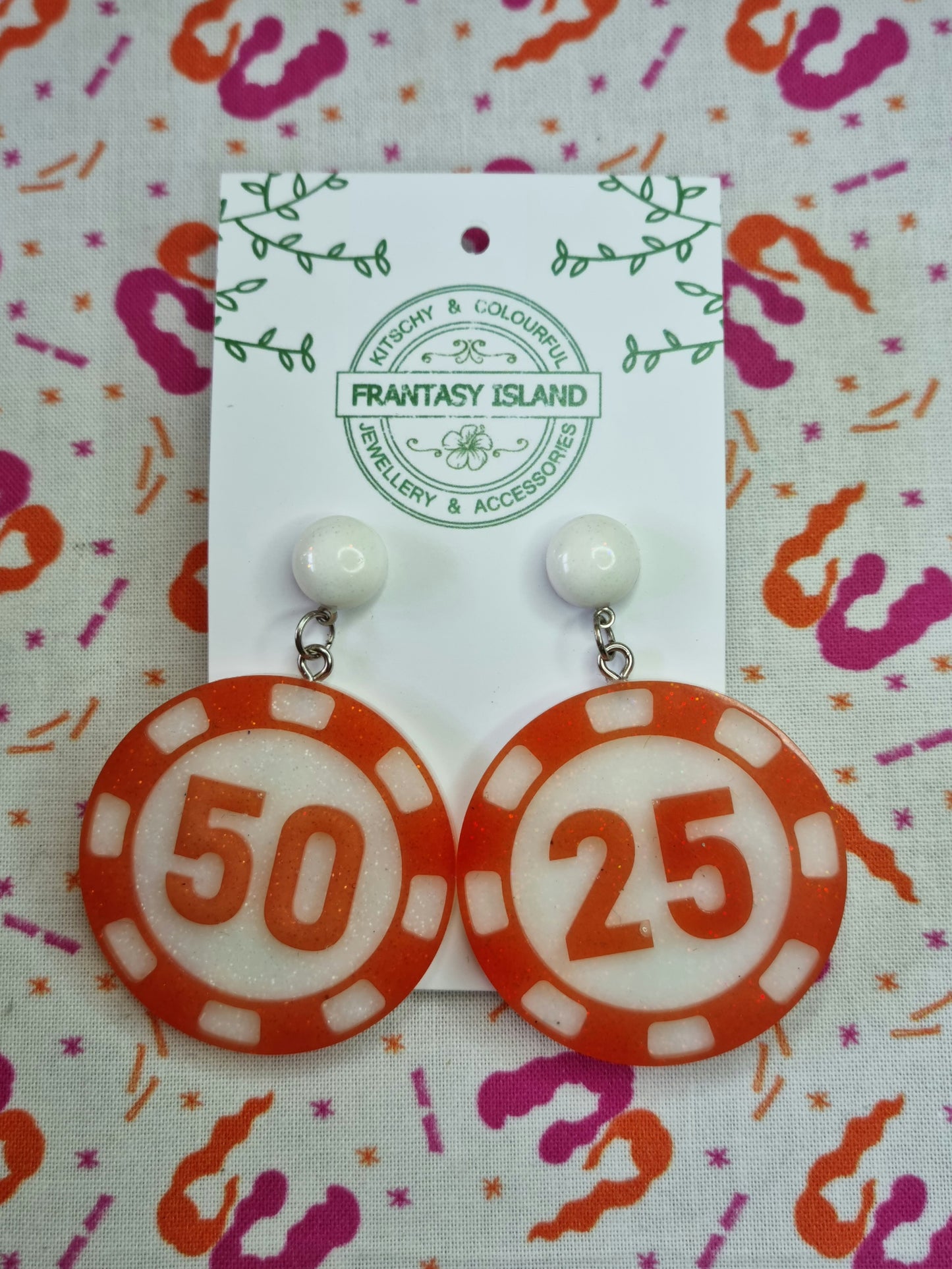 Red & White Glitter Poker Chip Earrings