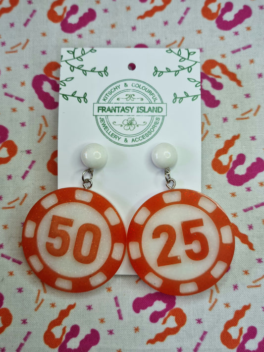 Red & White Glitter Poker Chip Earrings