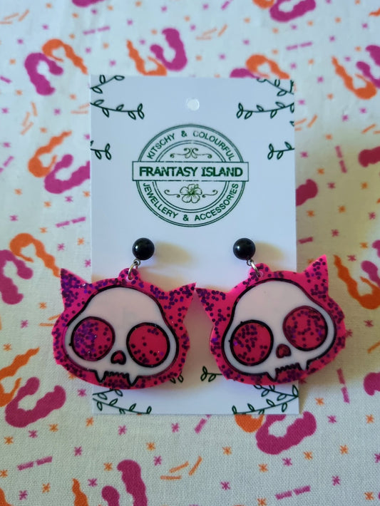 Purple Cat Skull Earrings
