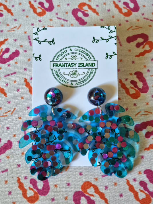 Blue Glitter Monstera Leaves