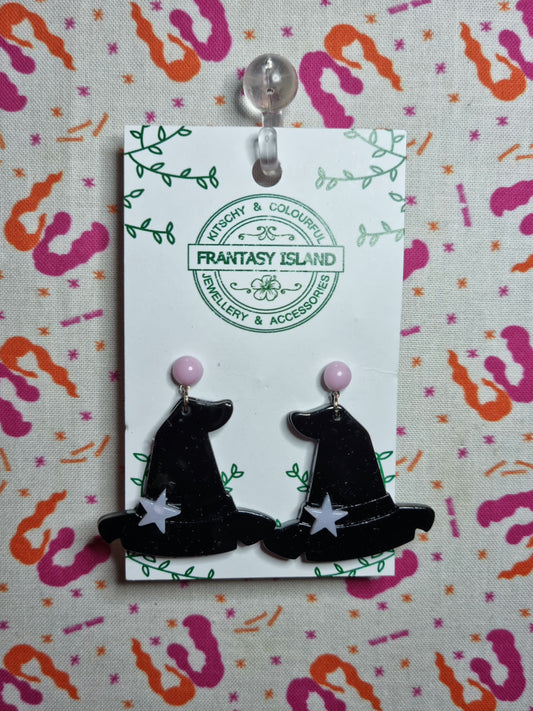 Black & Pastel Pink Witch Hat Earrings