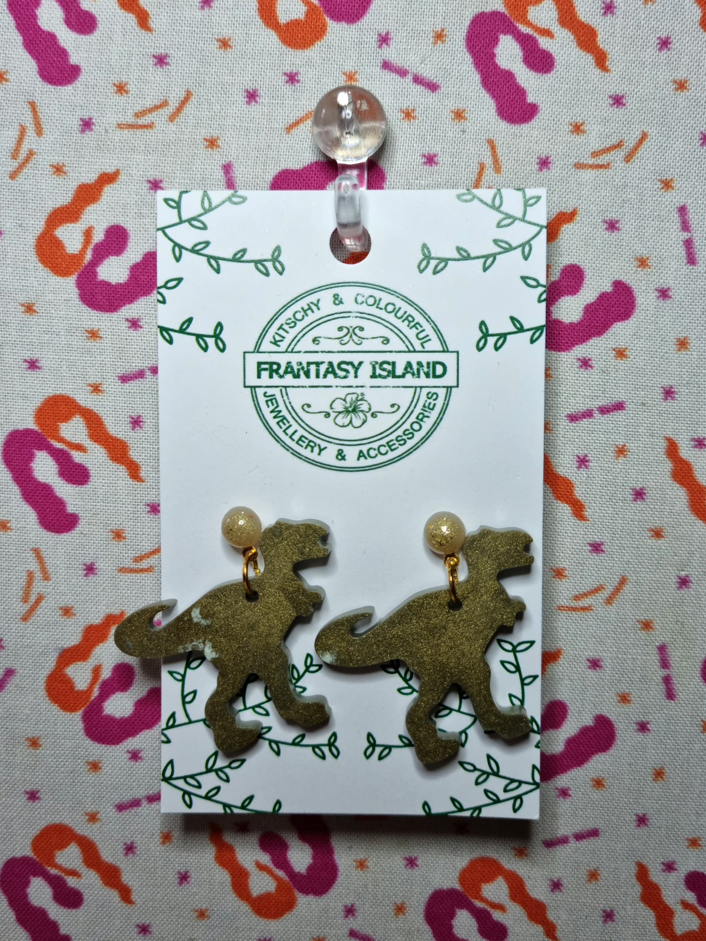 Olive Marbled T-Rex Silhouette Earrings