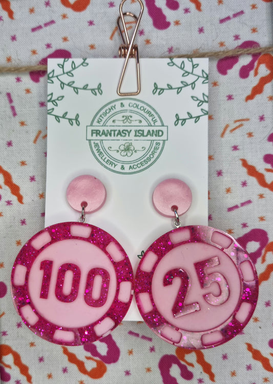 Pink Glitter Poker Chip Earrings