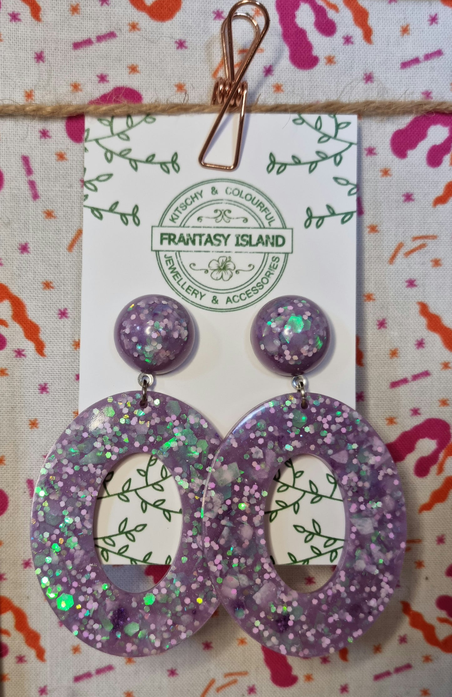 Lilac & White Glitter Oval Hoops