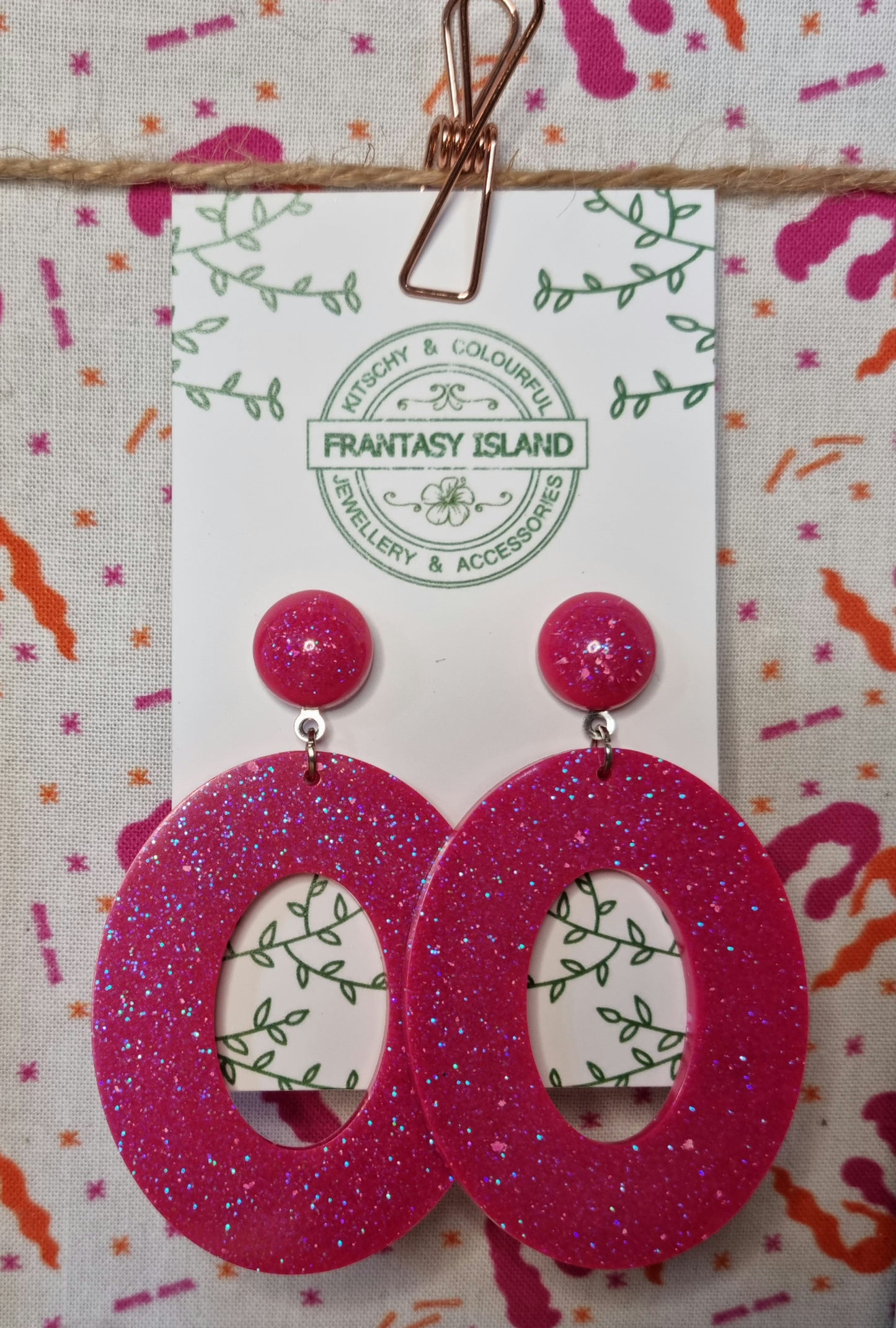 Hot Pink Glitter Oval Hoops