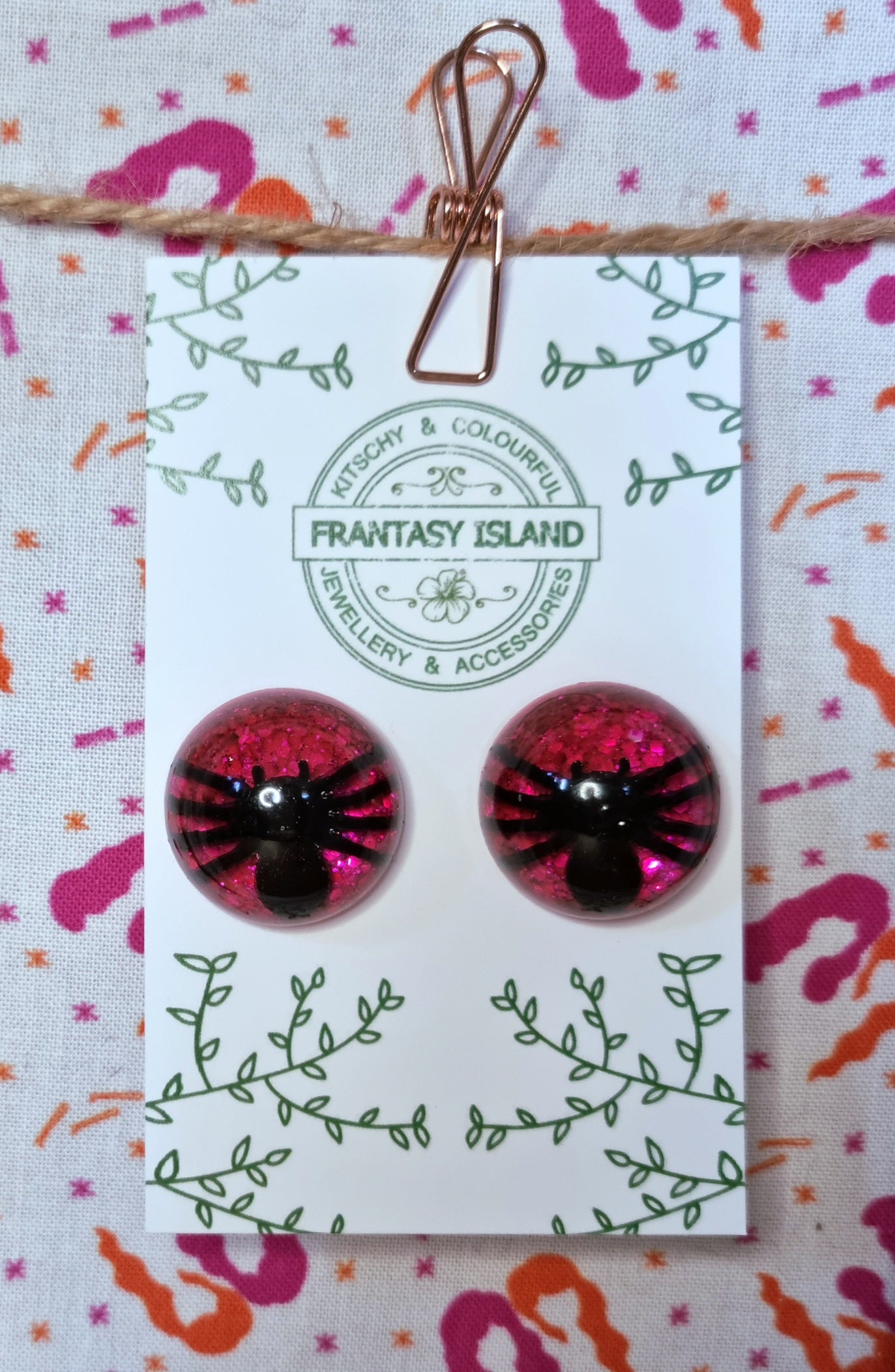 Cerise Glitter Spider Studs