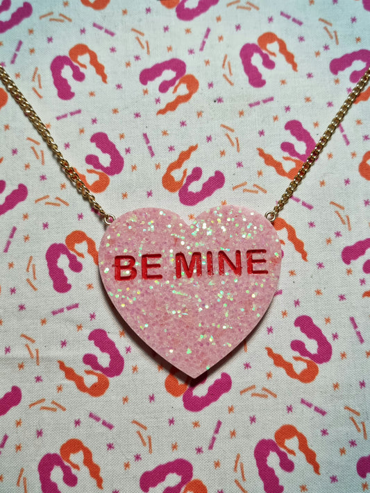 Pink Glitter Candy Heart Necklace - Be Mine