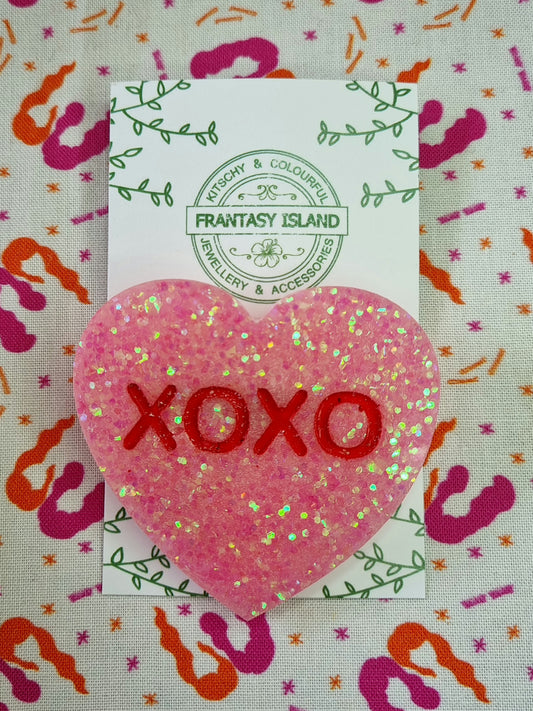 Pink Glitter Candy Heart Brooch - XOXO